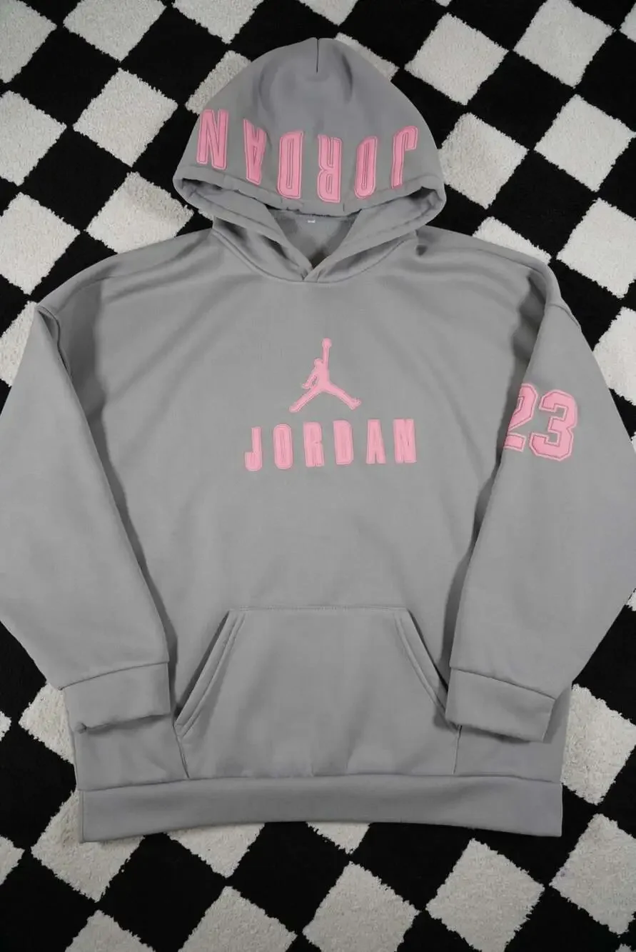 Jordan Unisex Grey Hoodie with Pink Jumpman Logo and 23 Graphic